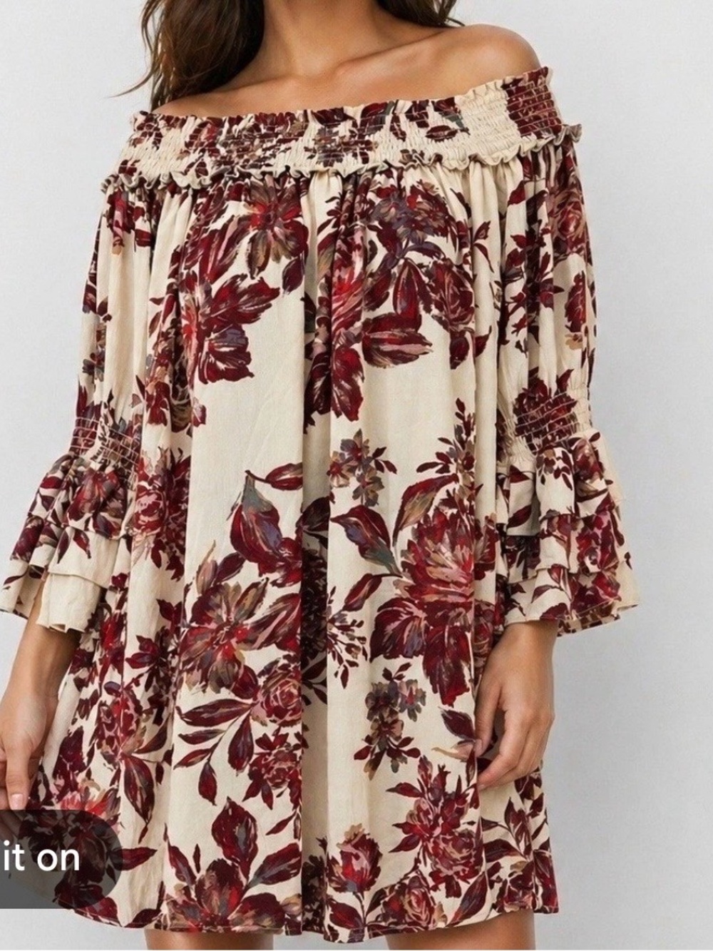 Miss Me Off-Shoulder Boho Floral Babydoll Dress in Cream and Burgundy